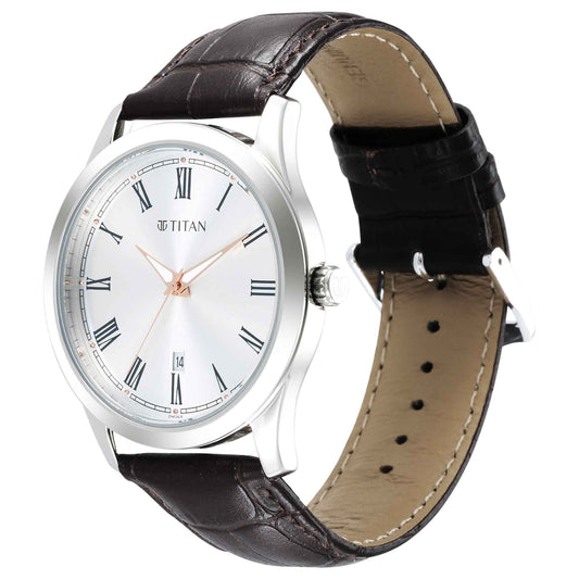 Titan Exclusive Silver Dial Brown Leather Strap Analog Watch for Men