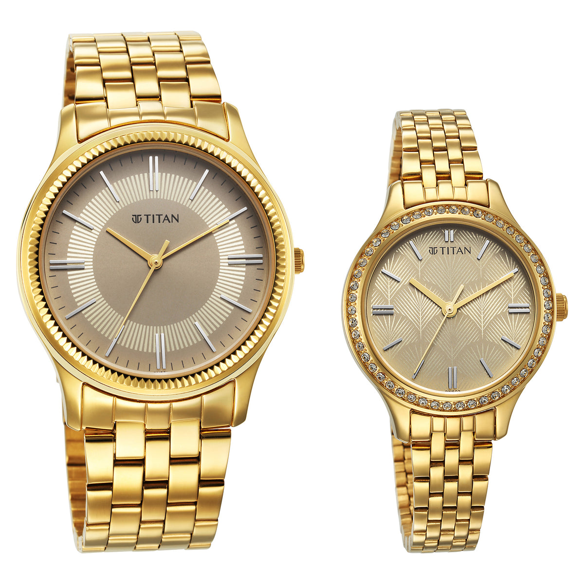 Titan Bandhan Champagne Dial Gold Stainless Steel Strap Analog Watch for Couple