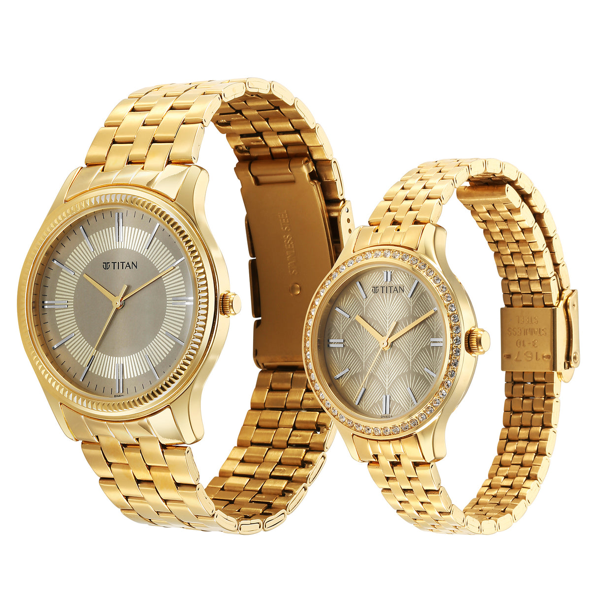 Titan Bandhan Champagne Dial Gold Stainless Steel Strap Analog Watch for Couple