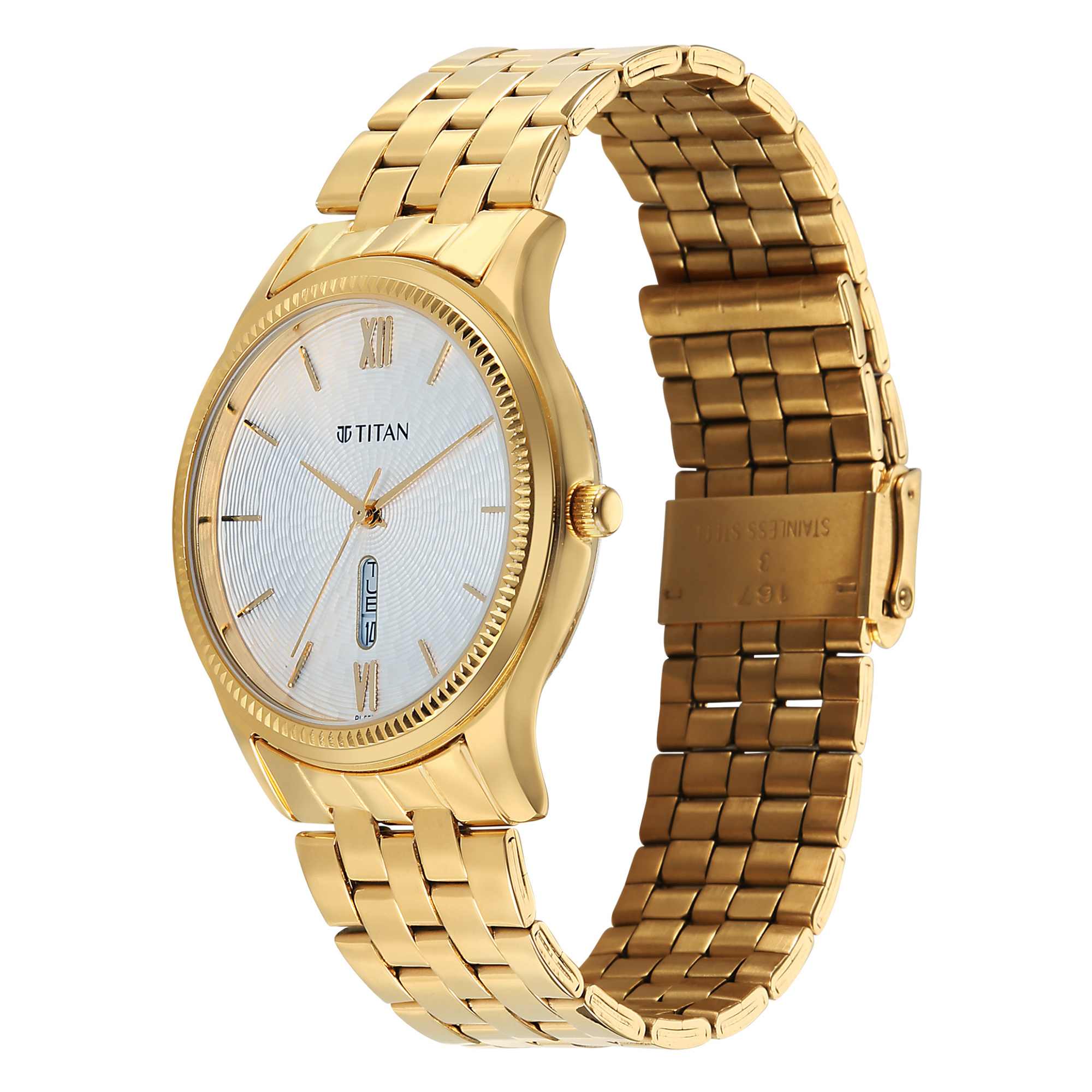 Titan Karishma Silver White Dial Golden Stainless Steel Strap Analog Watch For Men