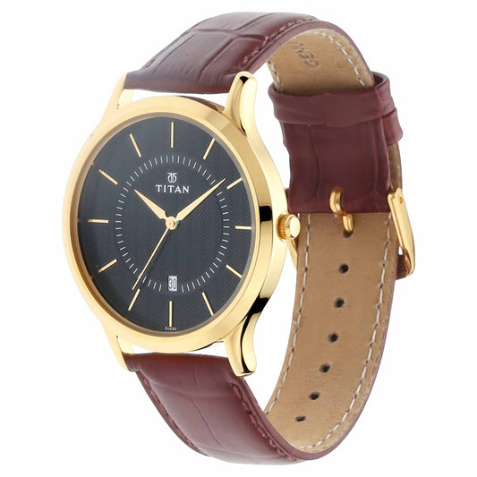 Titan Quartz Analog with Date Black Dial Leather Strap Watch for Men