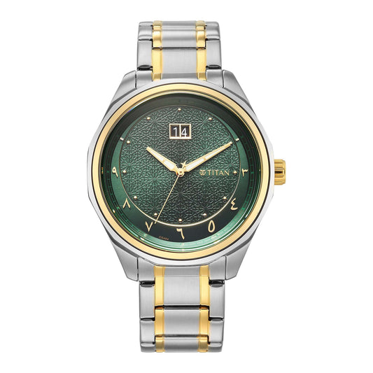 Titan Green Dial Two Toned Stainless Steel Strap Analog with Date Watch For Men