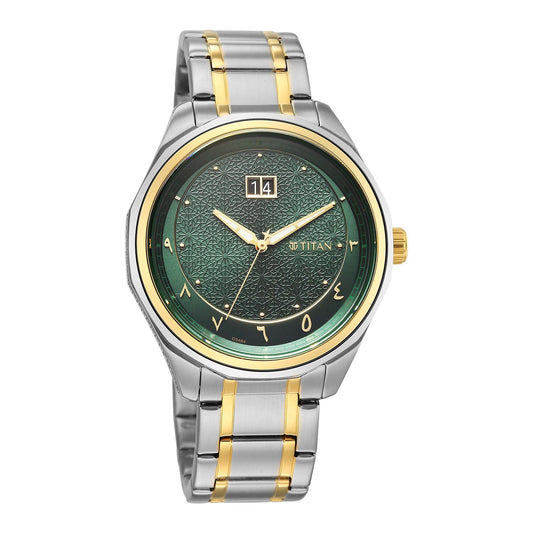 Titan Green Dial Two Toned Stainless Steel Strap Analog with Date Watch For Men