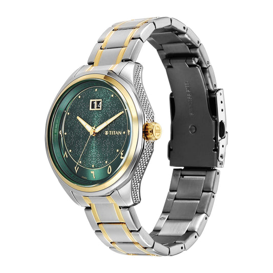 Titan Green Dial Two Toned Stainless Steel Strap Analog with Date Watch For Men