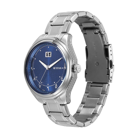 Titan Blue Dial Silver Stainless Steel Strap Analog with Date Watch For Men