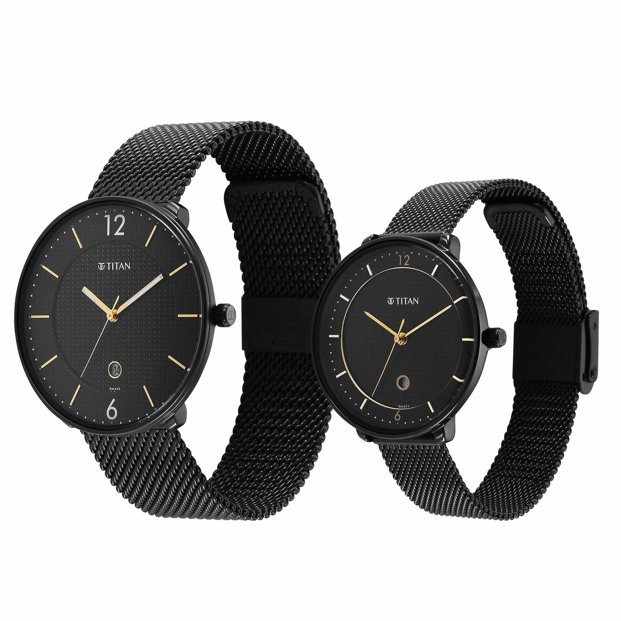 Titan Bandhan Black Dial Analog with Date Stainless Steel Strap watch for Couple