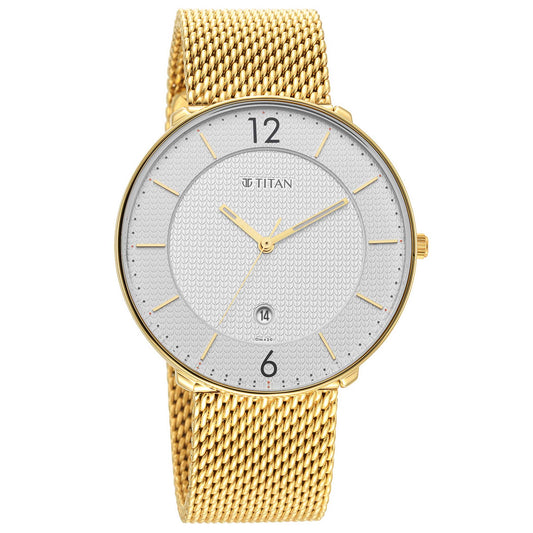 Titan White Dial Golden Metal Strap Analog with Date Watch for Men