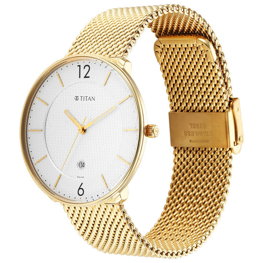 Titan White Dial Golden Metal Strap Analog with Date Watch for Men