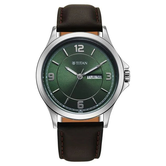 Titan Workwear Green Dial Brown Leather Strap Analog with Day-Date Watch for Men