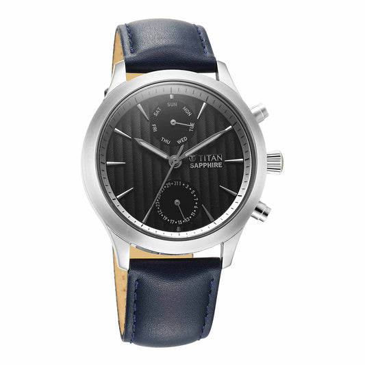 Titan Sapphire Multifunction Quartz Analog with Day and Date Blue Dial Leather Strap Watch for Men