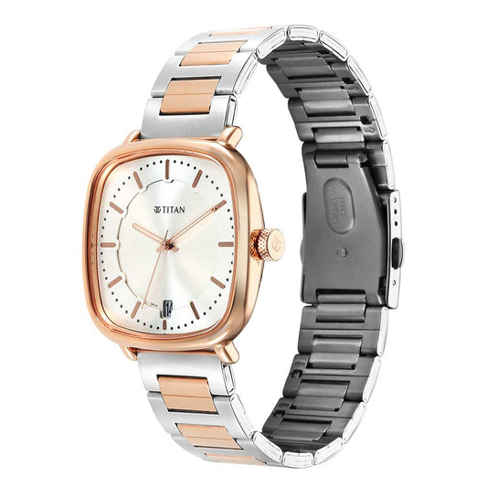 Titan Shaped Case Silver White Dial Metal Strap Watch