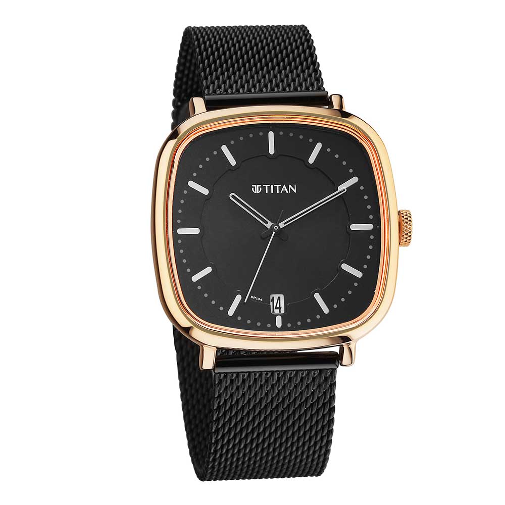 Titan Shaped Case Black Dial Metal Strap Watch