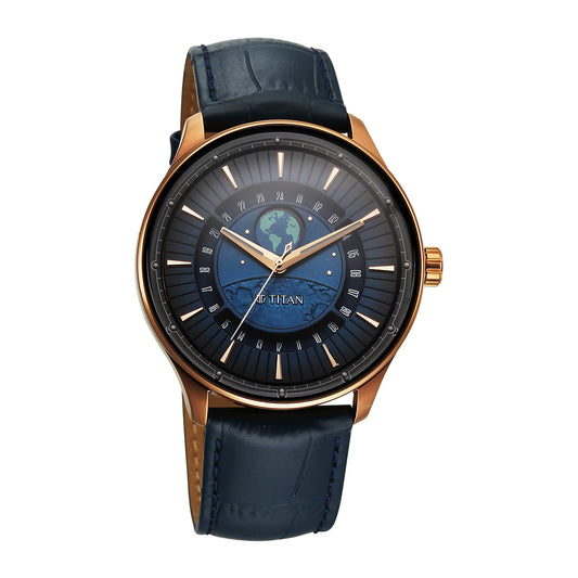 Titan Stellar Analog with Earth Disc and Blue Dial Blue Leather Strap Watch for Men 1890QL01