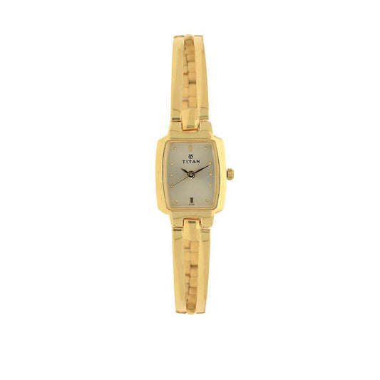Titan Champagne Oval Dial Golden Metal Strap Analog Watch for Women