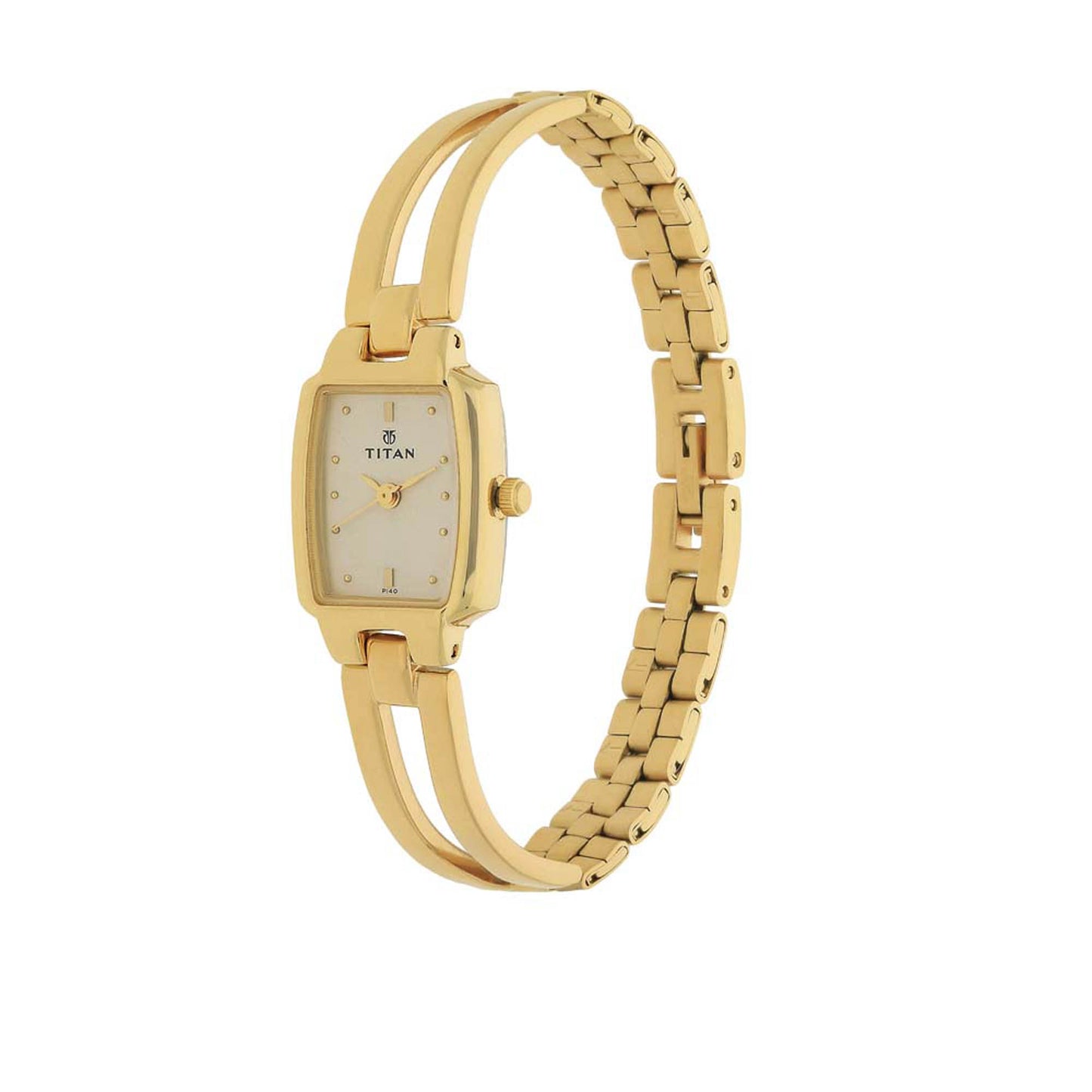 Titan Champagne Oval Dial Golden Metal Strap Analog Watch for Women