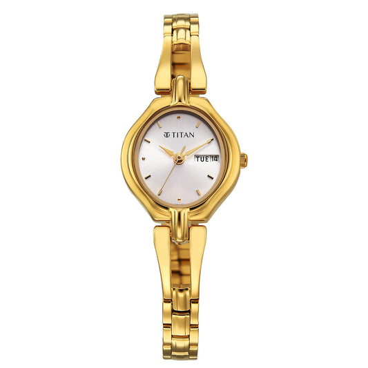 Titan Karishma Silver Dial Golden Stainless Steel Strap Analog Watch For Women