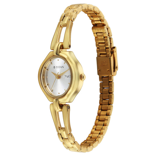 Titan Karishma Silver Dial Golden Stainless Steel Strap Analog Watch For Women