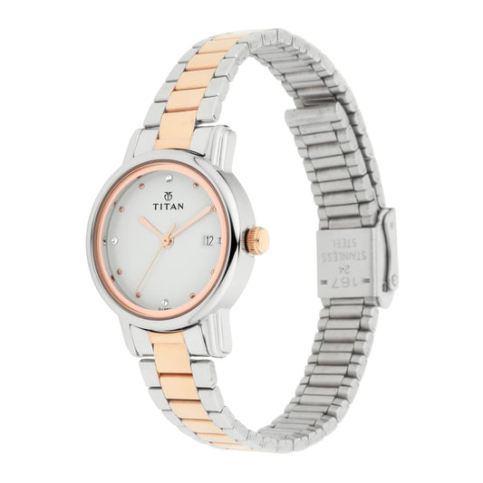 Titan White Dial Two Toned Stainless Steel Strap Analog Watch for Women