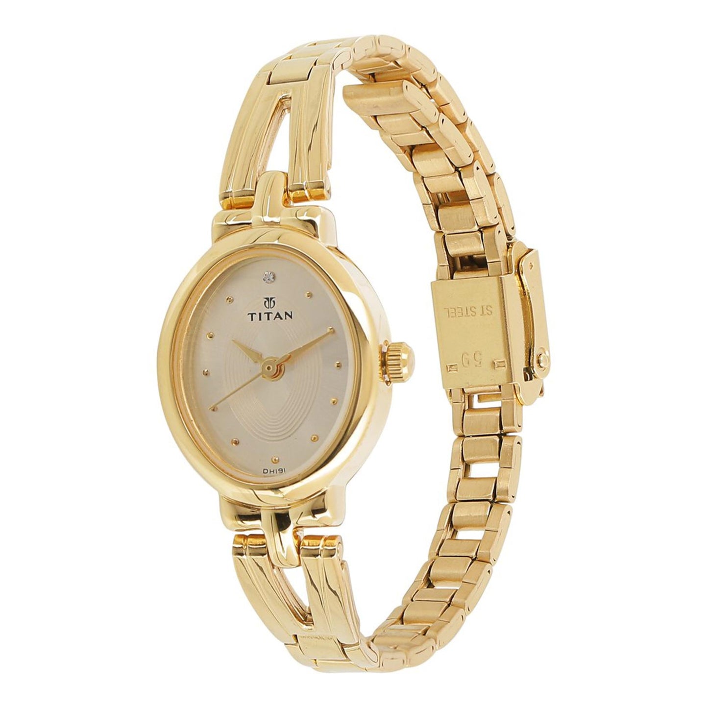 Titan Quartz Analog Champagne Dial Golden Stainless Steel Strap Oval Shaped Watch For Women