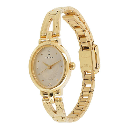 Titan Quartz Analog Champagne Dial Golden Stainless Steel Strap Oval Shaped Watch For Women