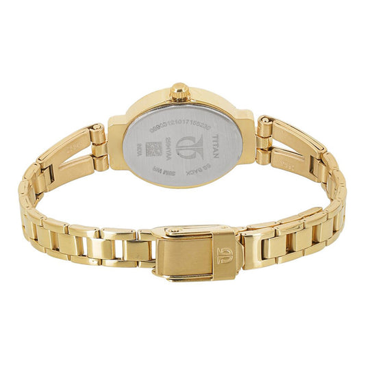 Titan Quartz Analog Champagne Dial Golden Stainless Steel Strap Oval Shaped Watch For Women