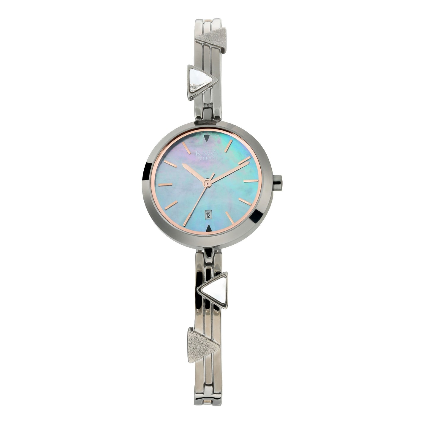 Titan Raga Mother of Pearl Dial Silver Metal Strap Analog with Date Watch for Women