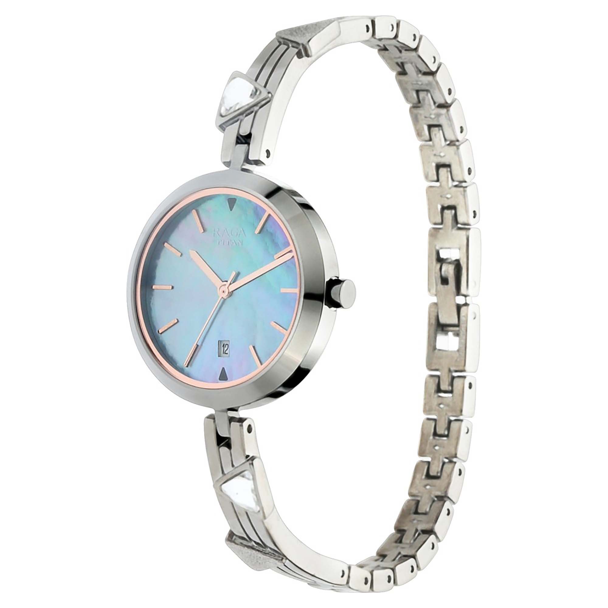 Titan Raga Mother of Pearl Dial Silver Metal Strap Analog with Date Watch for Women