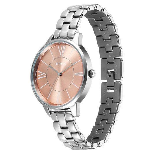 Titan Neo Quartz Analog Rose Gold Dial Silver Metal Strap Watch For Women