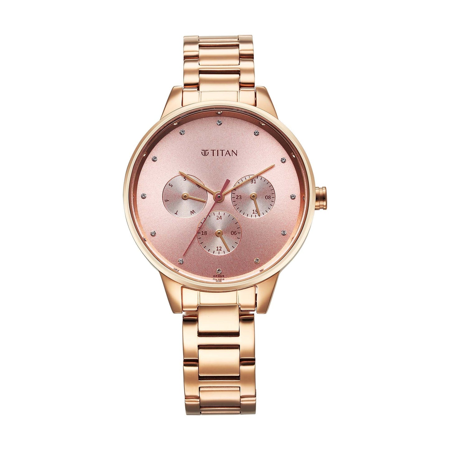 Titan Razzle Dazzle Quartz Analog with Day and Date Pink Dial Rose Gold Stainless Steel Strap Watch For Women
