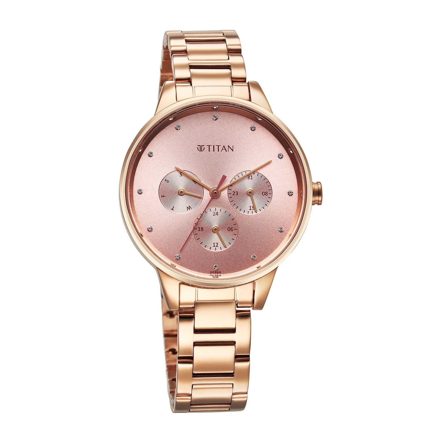 Titan Razzle Dazzle Quartz Analog with Day and Date Pink Dial Rose Gold Stainless Steel Strap Watch For Women