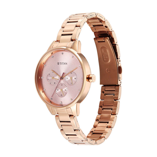 Titan Razzle Dazzle Quartz Analog with Day and Date Pink Dial Rose Gold Stainless Steel Strap Watch For Women