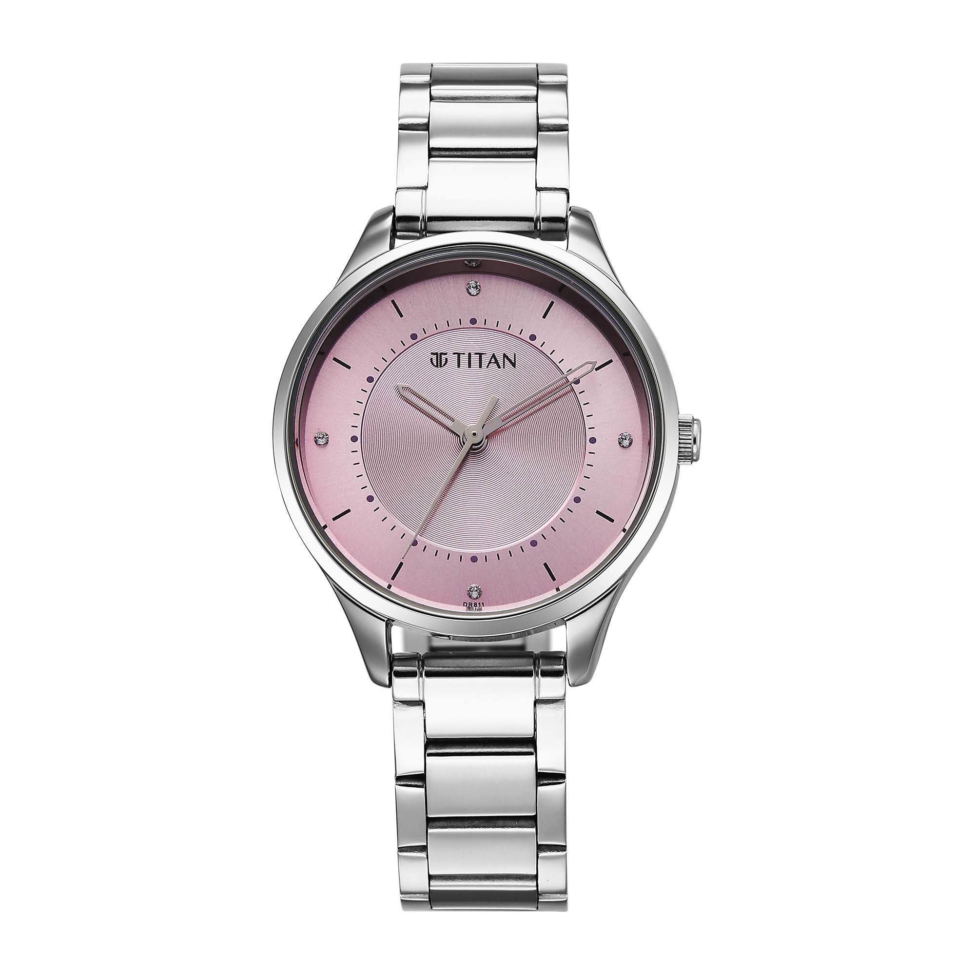 Titan Pink Dial Silver Stainless Steel Analog Watch For Women 2649SM07