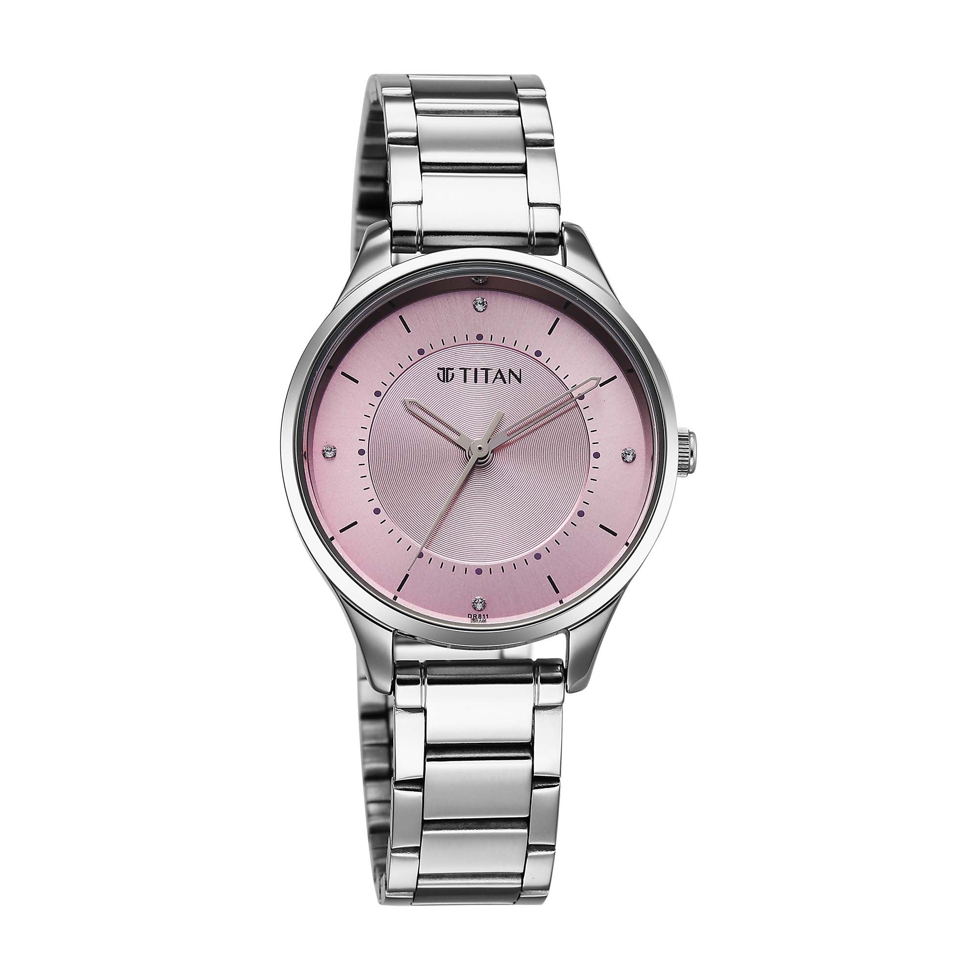 Titan Pink Dial Silver Stainless Steel Analog Watch For Women 2649SM07