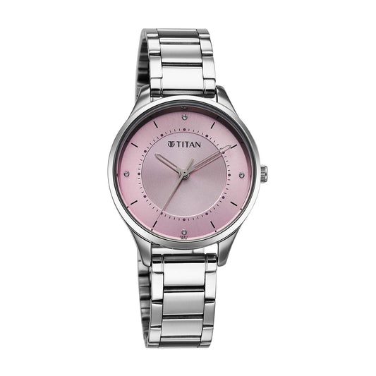 Titan Pink Dial Silver Stainless Steel Analog Watch For Women 2649SM07