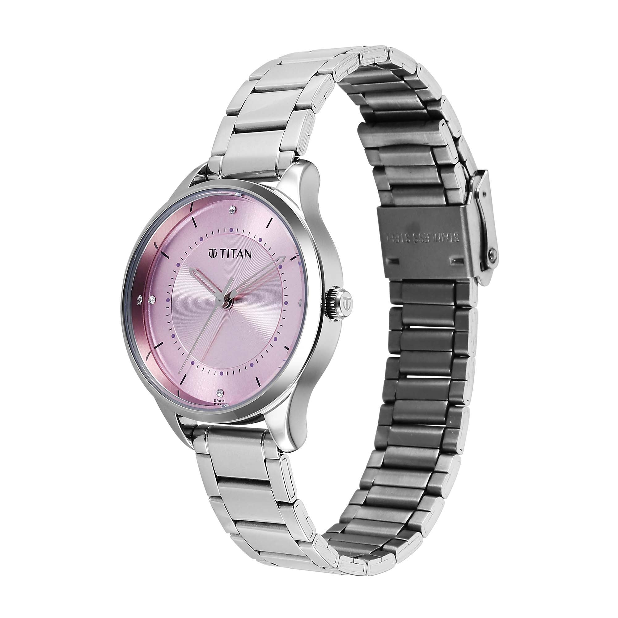 Titan Pink Dial Silver Stainless Steel Analog Watch For Women 2649SM07