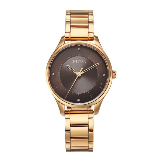 Titan Brown Dial Gold Stainless Steel Strap Analog Watch For Women 2649WM06