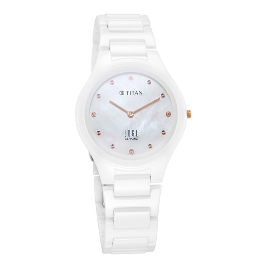 Titan Edge Ceramic Quartz in Arctic White with Diamonds and Rich Mother Of Pearl Dial Watch for Women