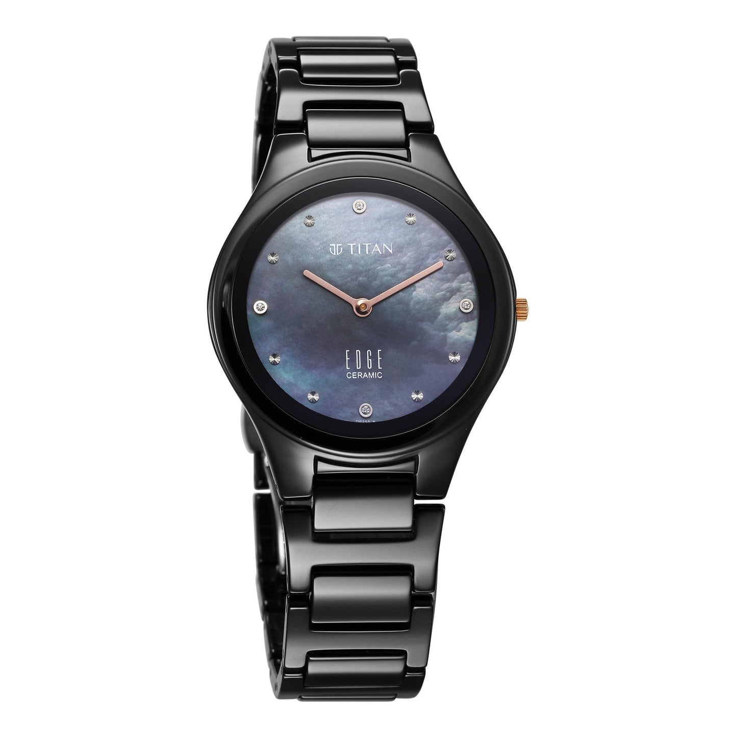 Titan Edge Ceramic Quartz in Glossy Black with Diamonds and Rich Mother of Pearl Dial Watch for Women