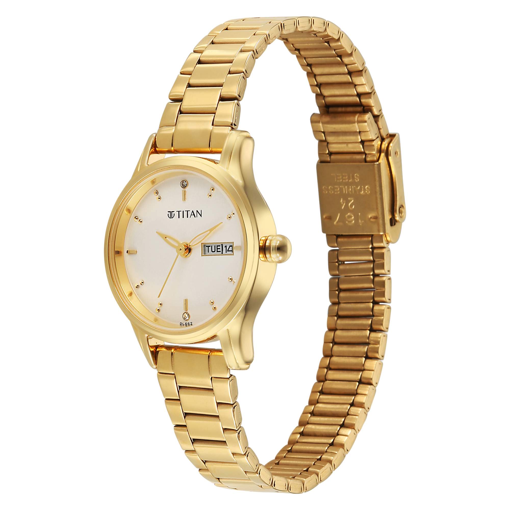 Titan Karishma Beige Dial Golden Stainless Steel Strap Analog Watch For Women