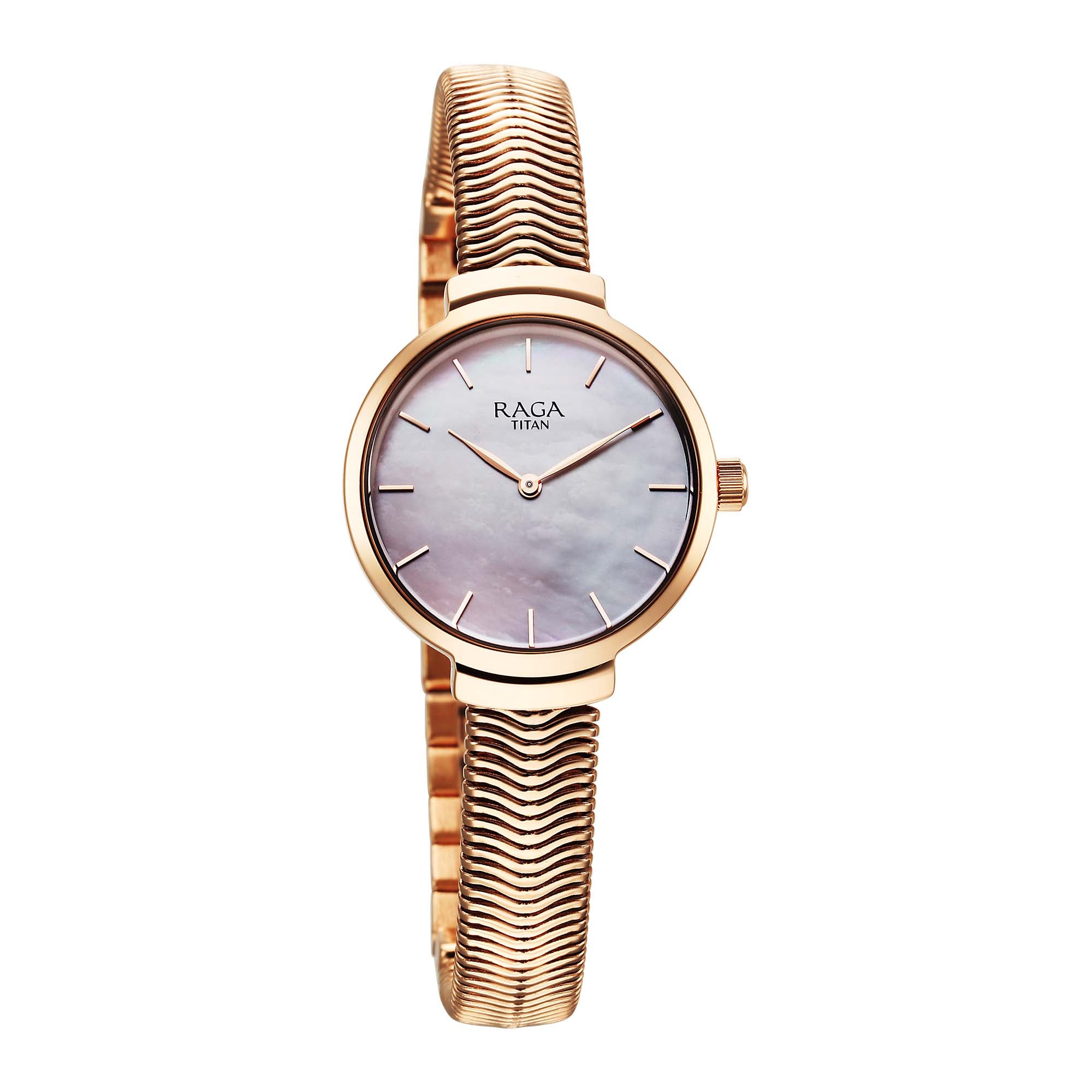 Titan Raga Mother of Pearl Dial Rose Gold Metal Strap Analog Watch for Women