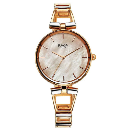 Titan Raga Ascend Quartz Alog Mother Of Pearl Dial With Two Toned Color Metal Strap Watch For Women