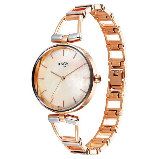 Titan Raga Ascend Quartz Alog Mother Of Pearl Dial With Two Toned Color Metal Strap Watch For Women