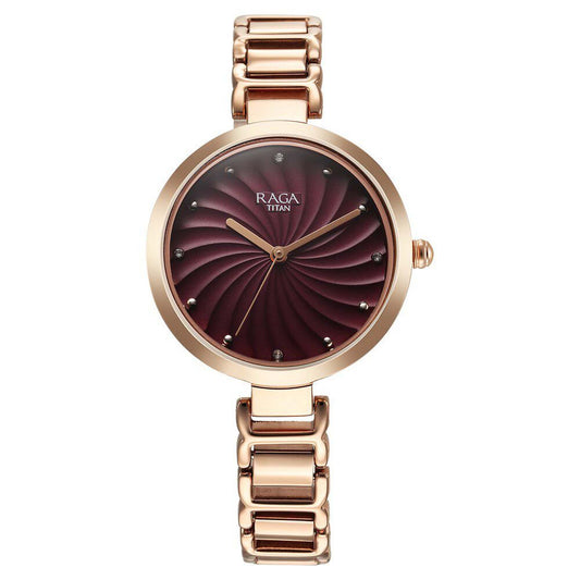 Titan Raga Memoirs Quartz Alog Burgundy Dial With Rose Gold Color Metal Strap Watch For Women (2752WM01)
