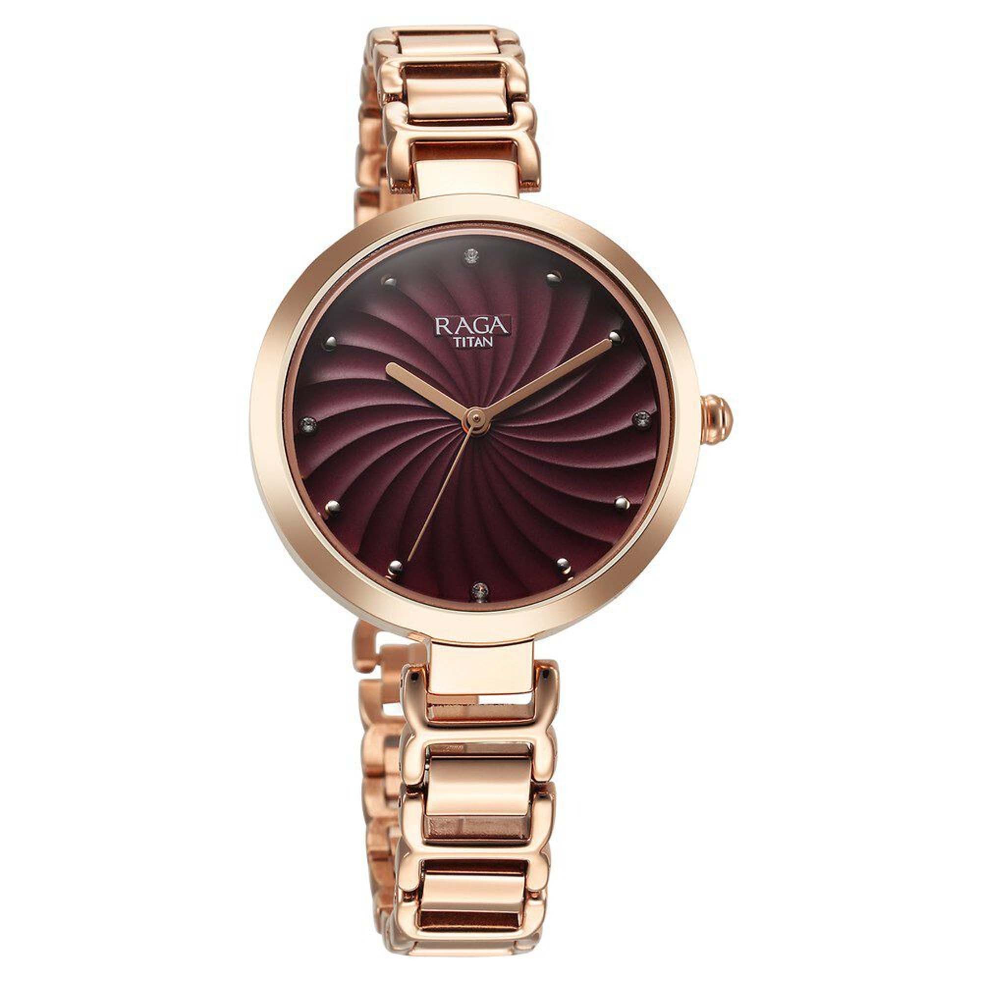 Titan Raga Memoirs Quartz Alog Burgundy Dial With Rose Gold Color Metal Strap Watch For Women (2752WM01)