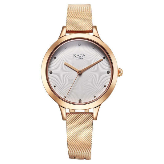 Titan Raga Memoirs Quartz Alog White Dial With Rose Gold Color Metal Strap Watch For Women (2754WM01)