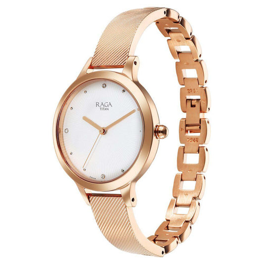 Titan Raga Memoirs Quartz Alog White Dial With Rose Gold Color Metal Strap Watch For Women (2754WM01)