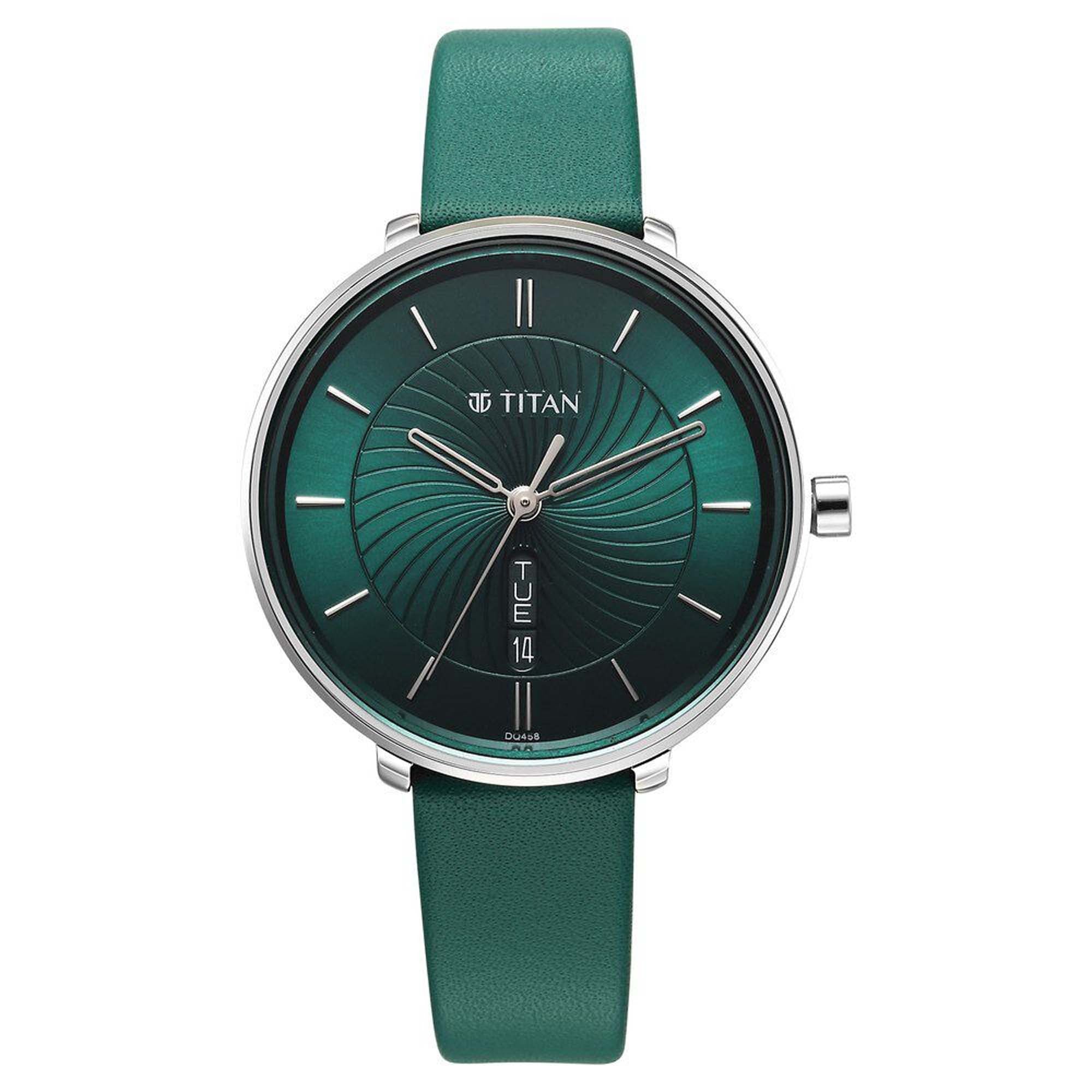 Titan Neo Alog with Day and Date Green Dial Green Color Leather Strap Watch For Women (2763SL02)