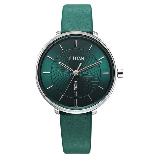 Titan Neo Alog with Day and Date Green Dial Green Color Leather Strap Watch For Women (2763SL02)