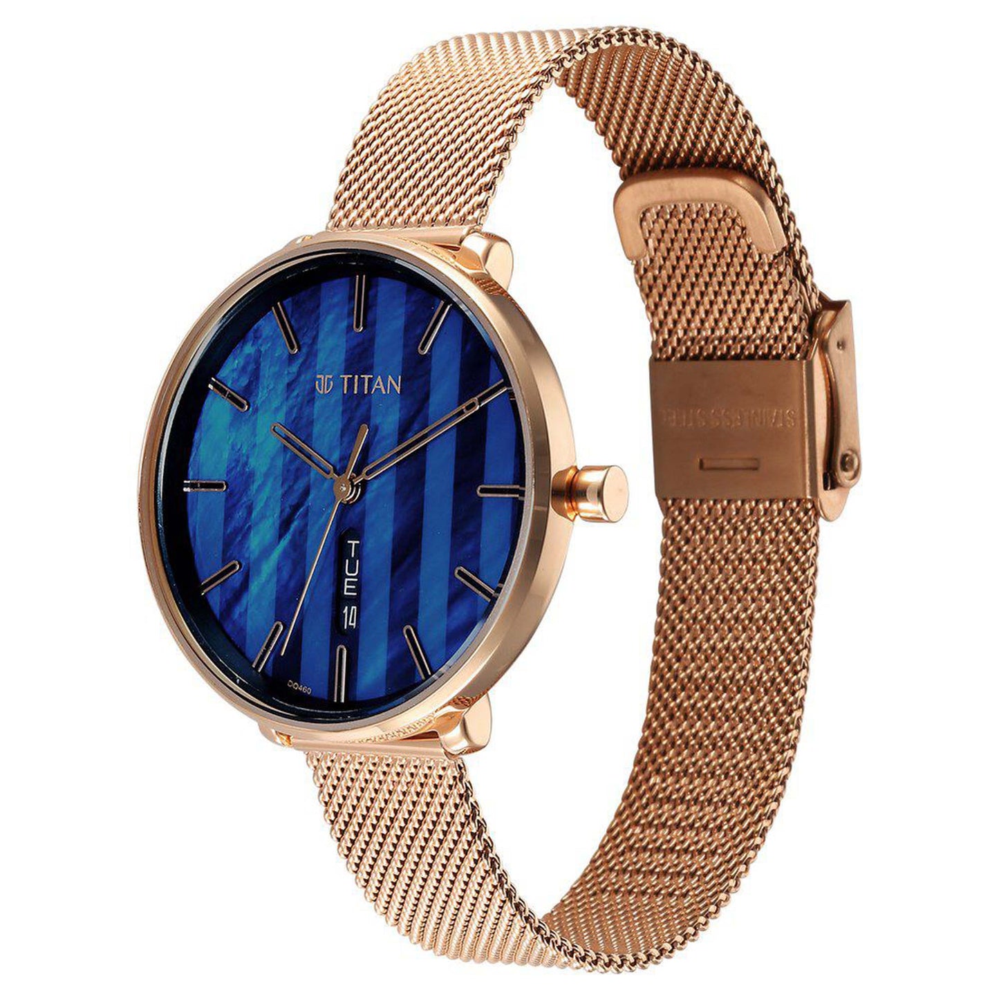Titan Neo Analog with Day and Date Mother Of Pearl Dial Rose Gold Color Stainless Steel Strap Watch For Women