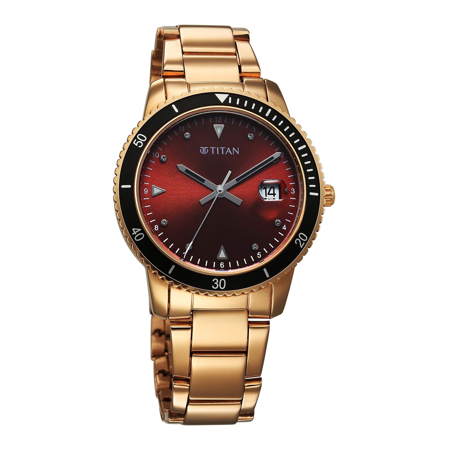Titan Fashion Red Dial Gold Stainless Steel Strap Analog with Date Watch For Women